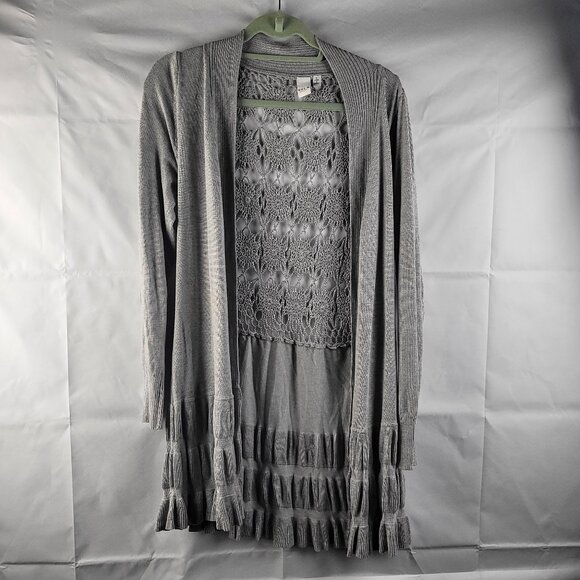 VILA Sweaters - Vila Milano Cardigan Womens L Grey Crochet Back Ruffle Hem Sweater Grannycore